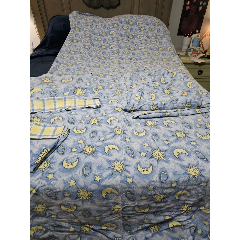 Vintage Jubilee Celestial Sun Moon Flannel Sheet Set king Cotton Blue Y2K 4pc